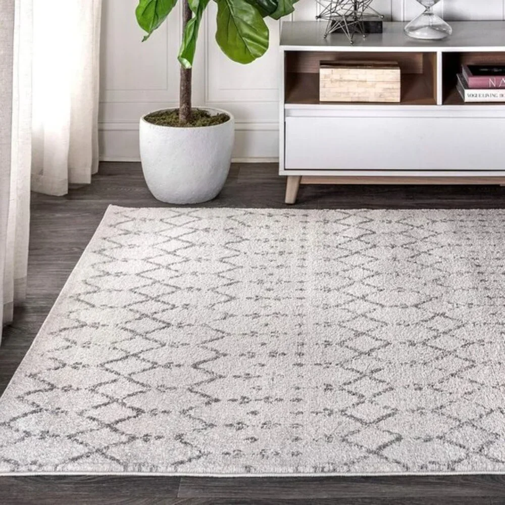 5x8 Moroccan Boho Area Rug, Vintage Diamond Cream/Gray Stain-Resistant Carpet
